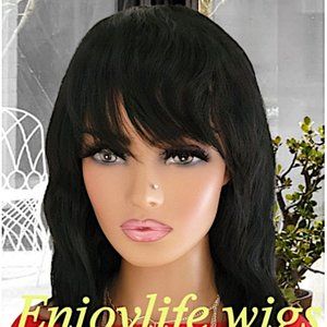 100 percent human hair wavy black bang wig adjustable